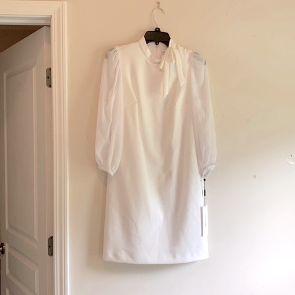 size 2/4/10 Calvin Klein lace long lace sleeves Tie Front White shirt dress NWT